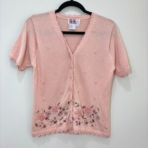 Vintage Pink Sweater Cardigan Women 6 Floral Beaded Embroidered Cottage Grandma